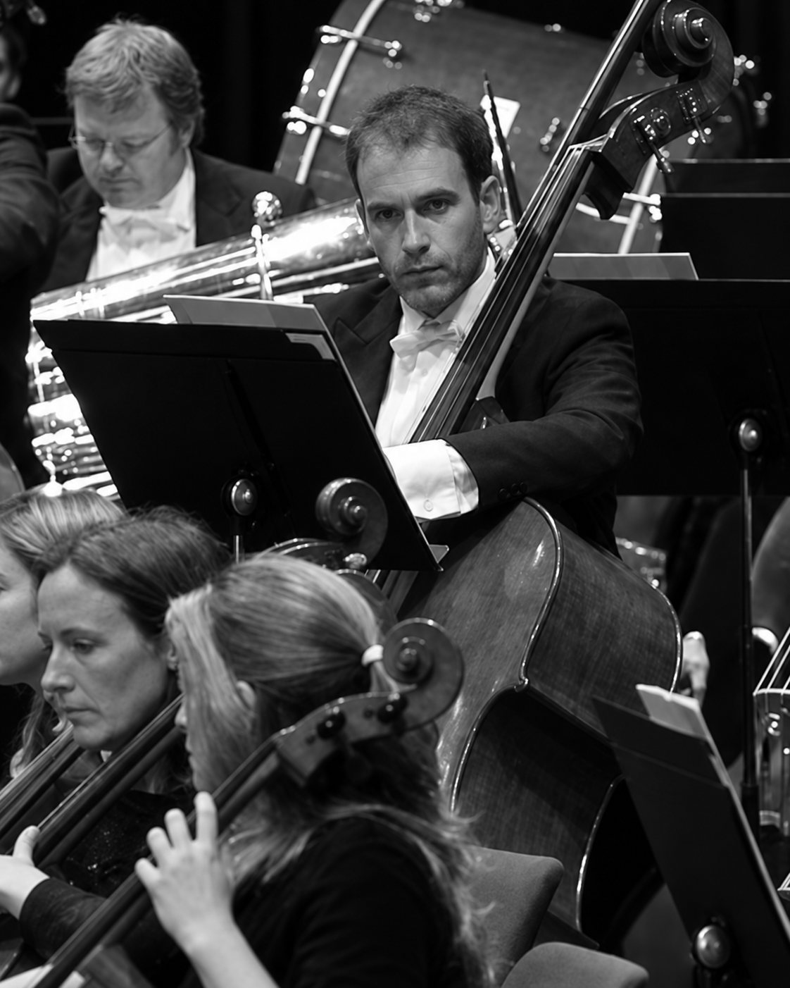 Rob Hutchinson at the double bass in an orchestra, in a close portrait